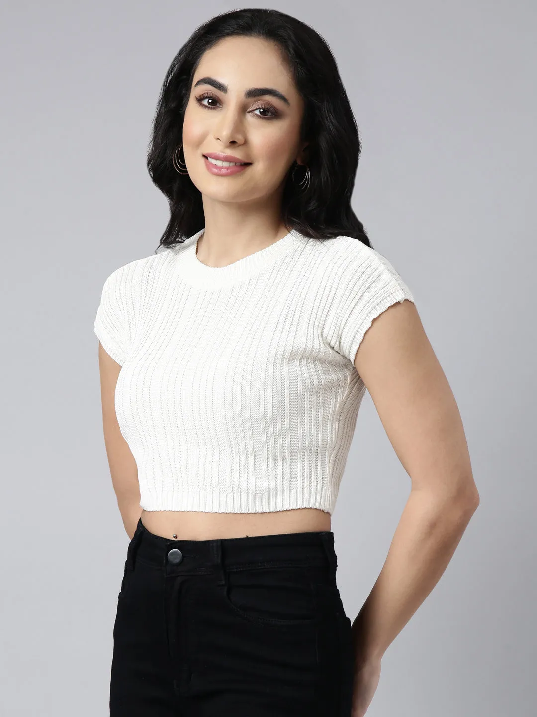 Women's Off White Self Design Fitted Crop Top Weekend Style Trend Wrinkle-Free