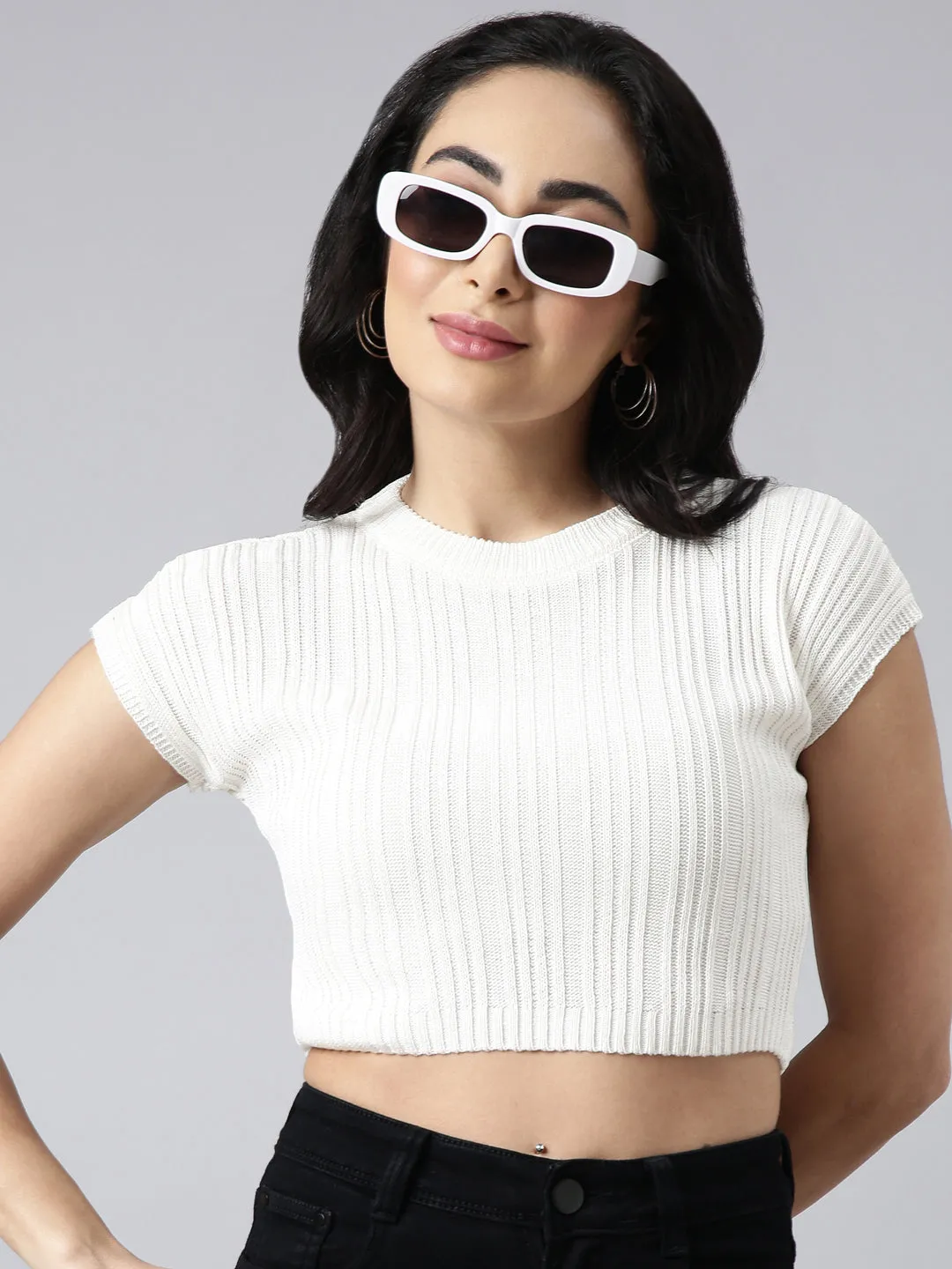 Classic Layering Sport Wear Women's Off White Self Design Fitted Crop Top