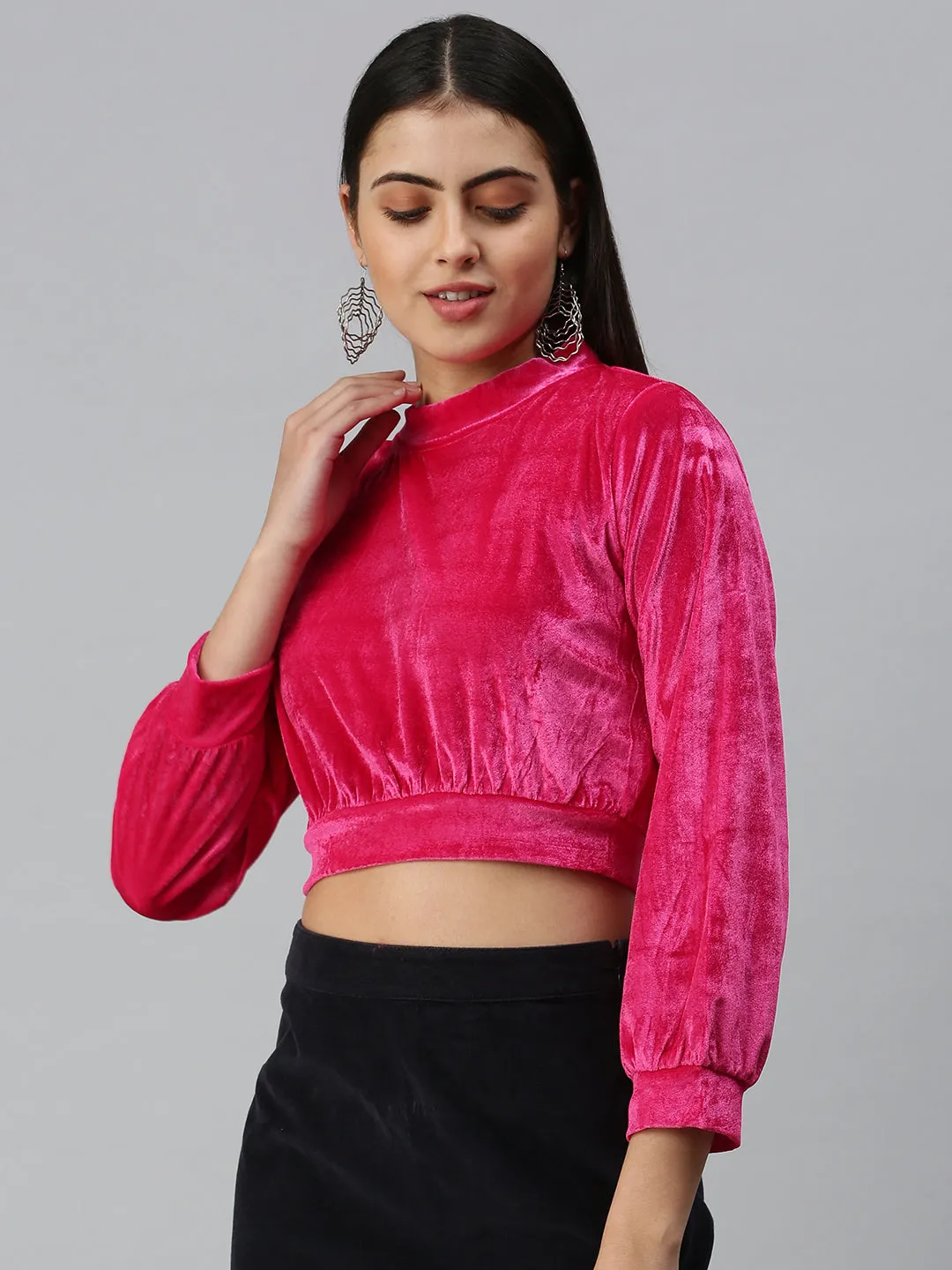 DropShoulderDesign Easy Layer Women's Pink Velvet Crop Top