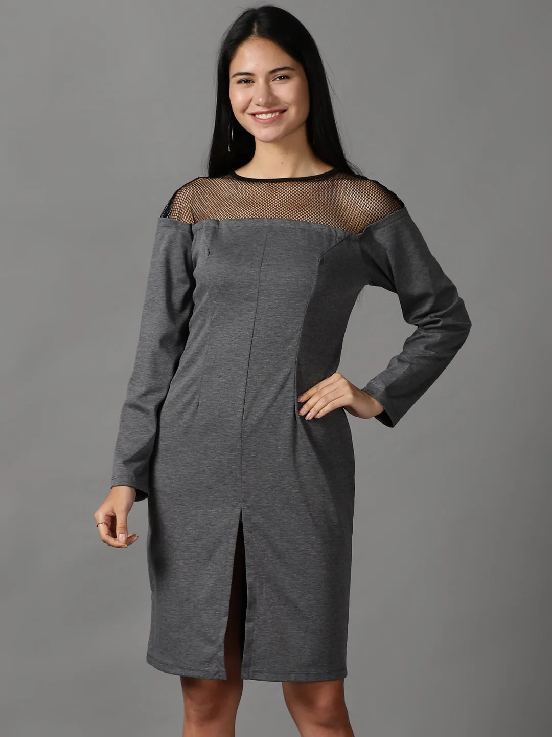 Women's Grey Self Design Flared Sleeves Bodycon Dress All Day