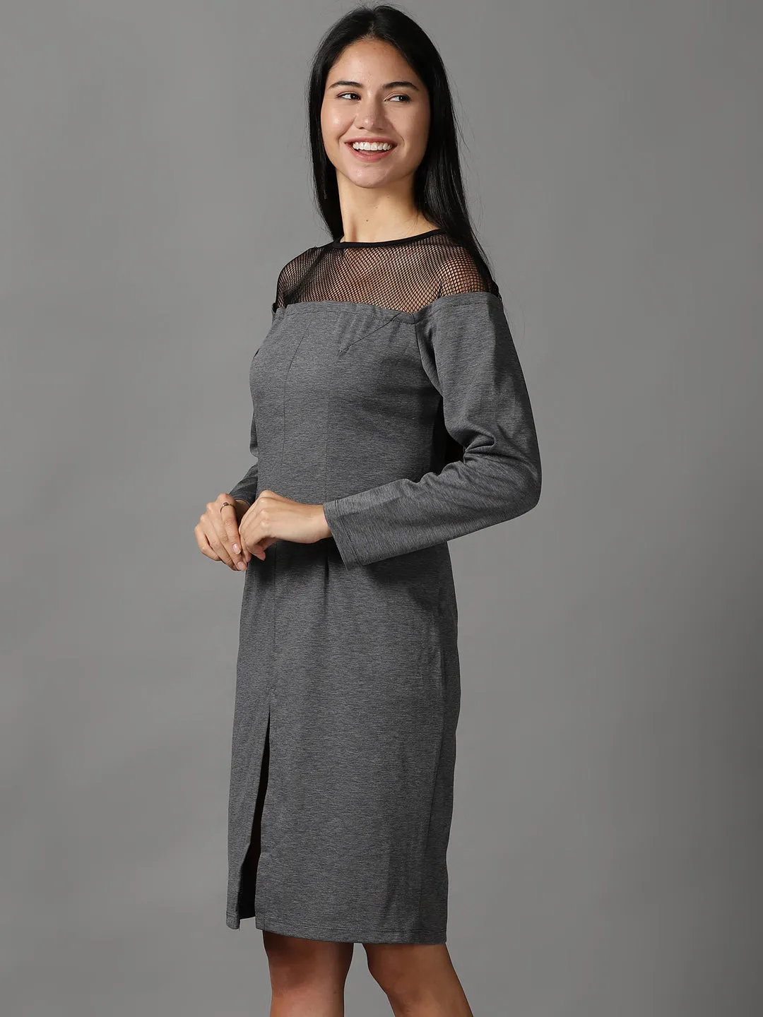 Women's Grey Self Design Flared Sleeves Bodycon Dress Comfort Mode