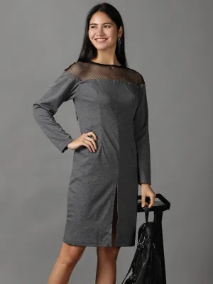 Breeze Flow Mid Fit Women's Grey Self Design Flared Sleeves Bodycon Dress
