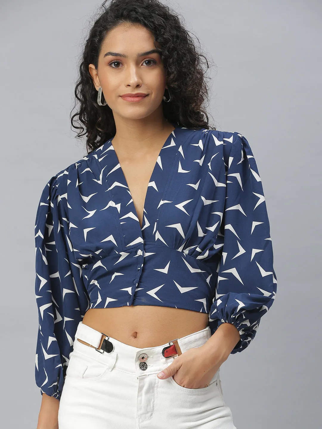Stretch Comfort Women's Navy Blue Geometric Print Puff Sleeves Crop Top