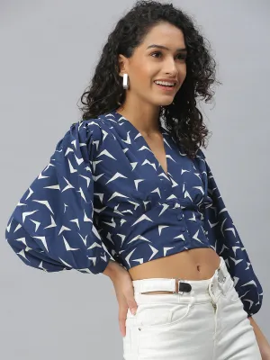 Breathable Design Women's Navy Blue Geometric Print Puff Sleeves Crop Top