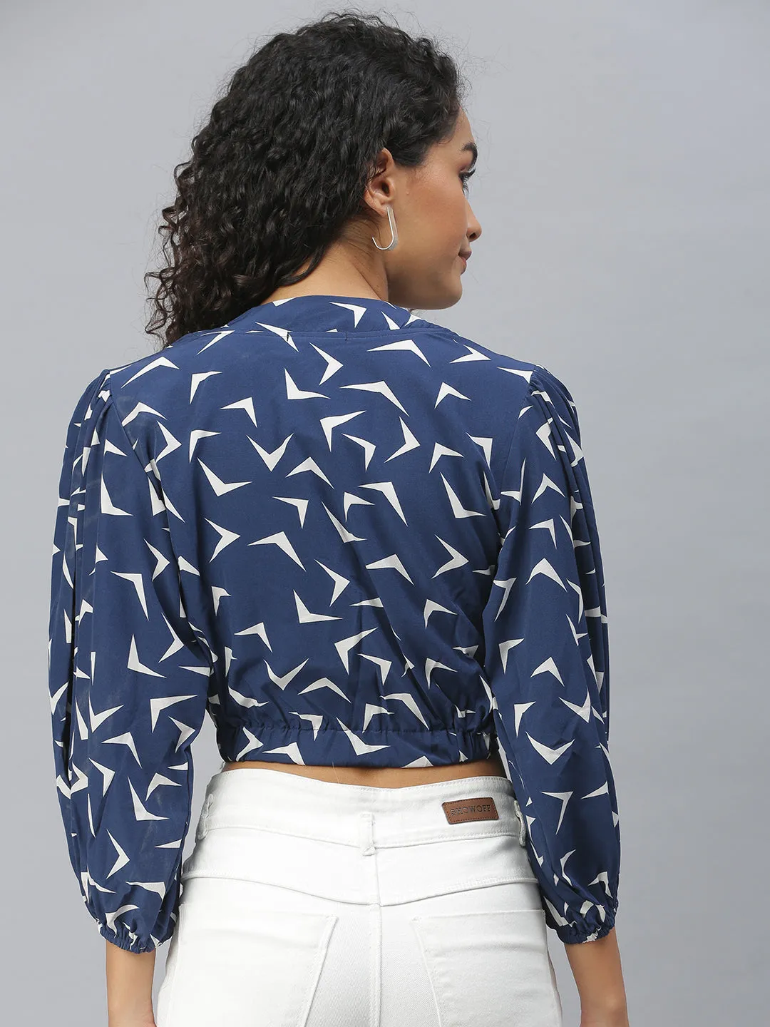 Casual layering piece Seasonal Fashion Women's Navy Blue Geometric Print Puff Sleeves Crop Top