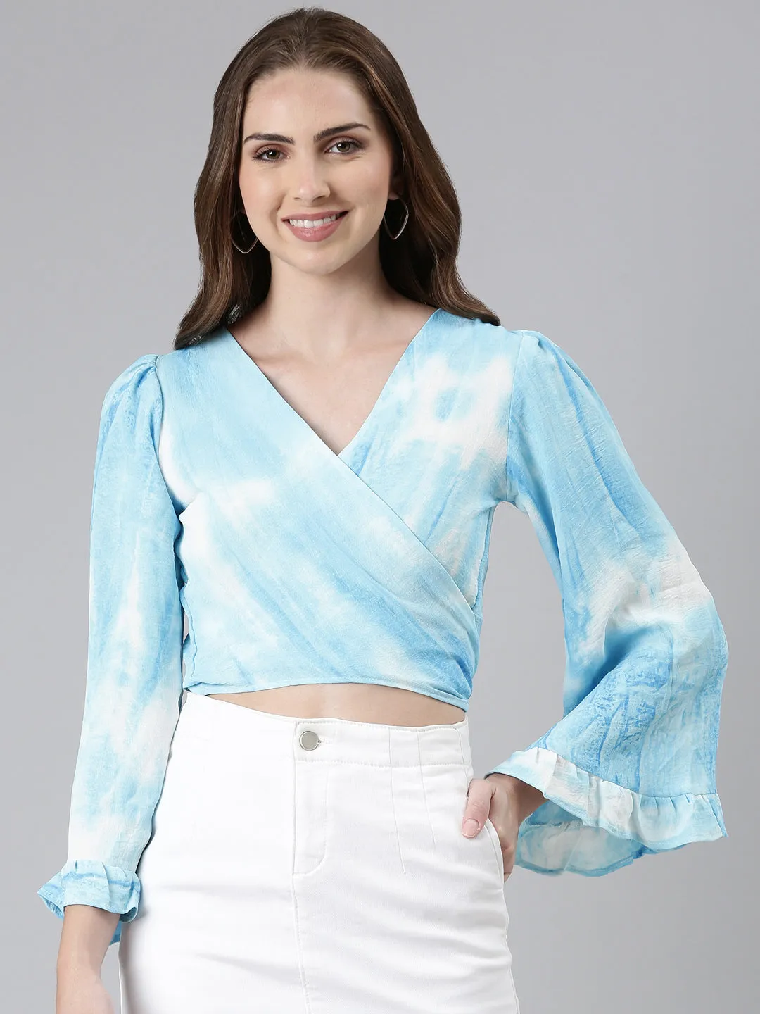 Women's Blue Tie & Dye Flared Sleeve Wrap Crop Top FadeResistant