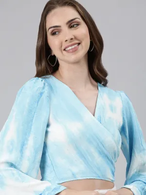 LayeredHemDetails Slim Fit Design Women's Blue Tie & Dye Flared Sleeve Wrap Crop Top