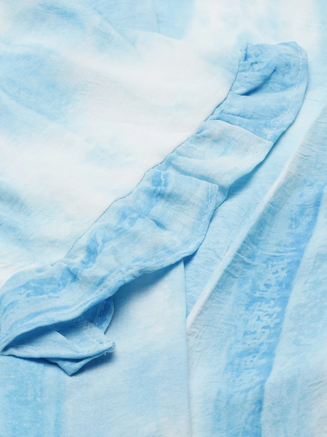 Women's Blue Tie & Dye Flared Sleeve Wrap Crop Top Casual Design Fit