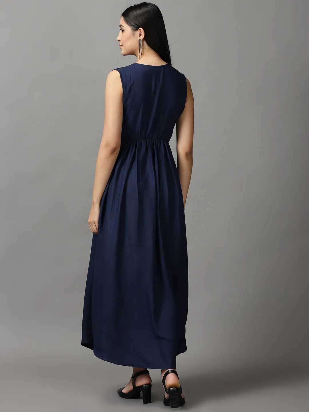 Women's Navy Blue Solid Fit and Flare Maxi Dress Effortless Look Comfortable Design Wear