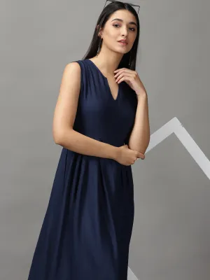 Women's Navy Blue Solid Fit and Flare Maxi Dress Bold Design Natural Silhouette