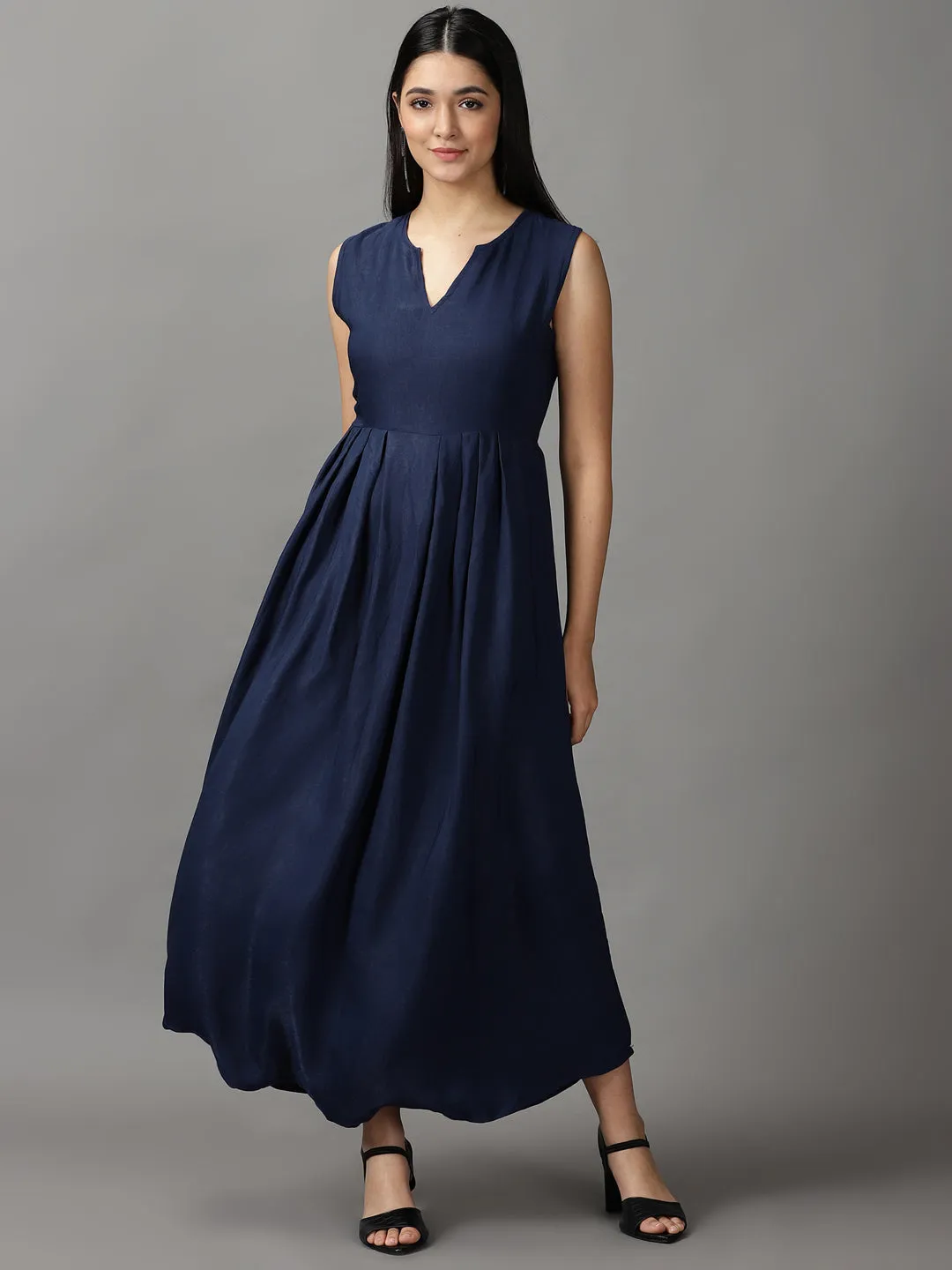 Women's Navy Blue Solid Fit and Flare Maxi Dress Versatile Comfort Soft Hue
