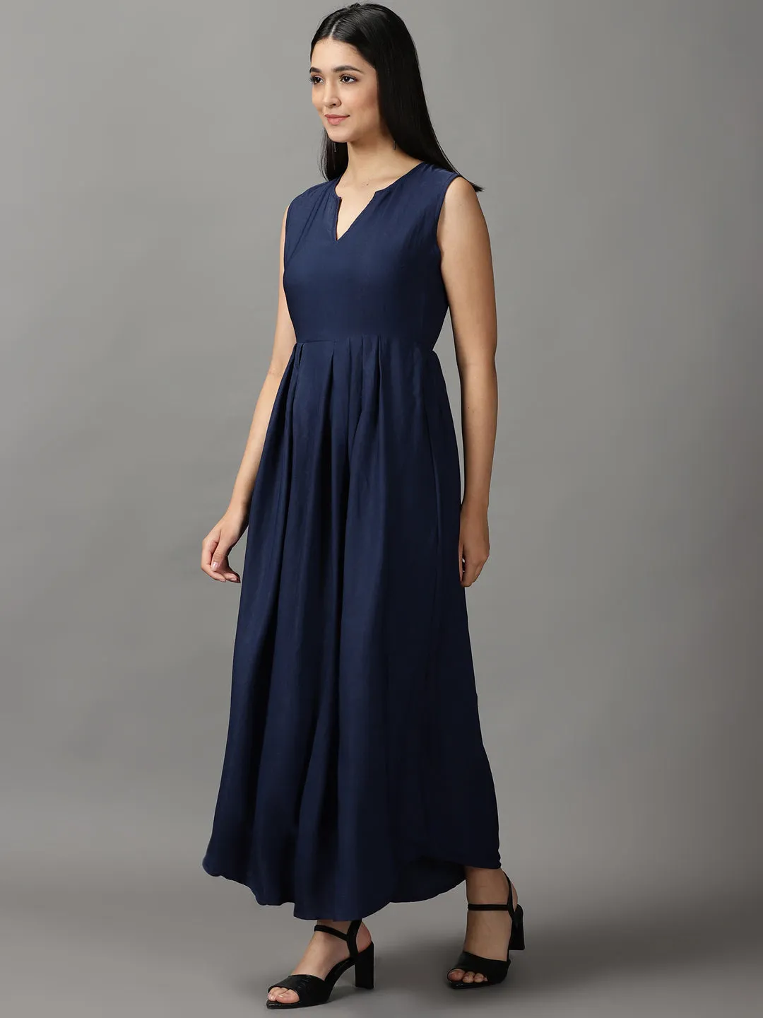 Anytime Wear Walkable Flow Women's Navy Blue Solid Fit and Flare Maxi Dress