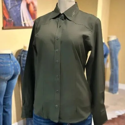 Non Irritating Seams Heather Jersey Material CC Western Women's Signature L/S Solid Western Snap Shirt in Olive