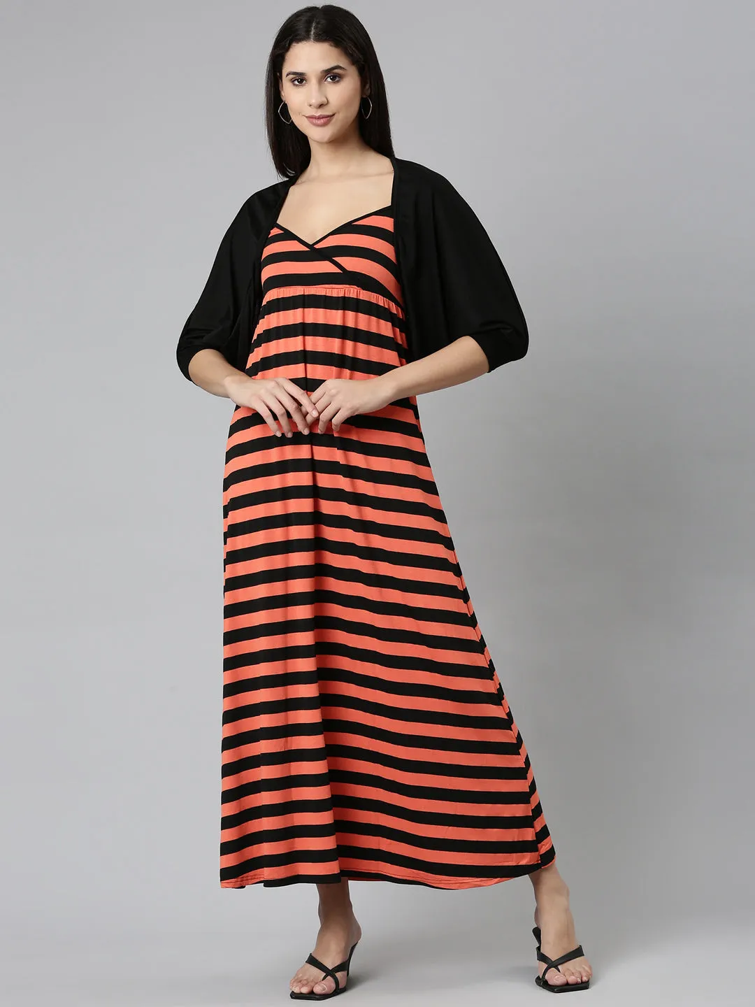 Women's Black Shoulder Straps Striped Maxi Dress With Shrug Feminine Touch Minimalist feel