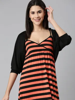 Women's Black Shoulder Straps Striped Maxi Dress With Shrug Comfortable casual dress Light Motion