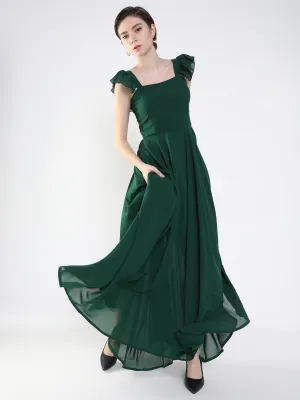 Women's Green Crepe Fit & Flare Maxi Dress Fashionable Style