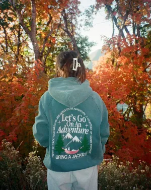 "Let's Go On An Adventure" Oversized Lux Hoodie in Pine Green Light Warmth clip accents