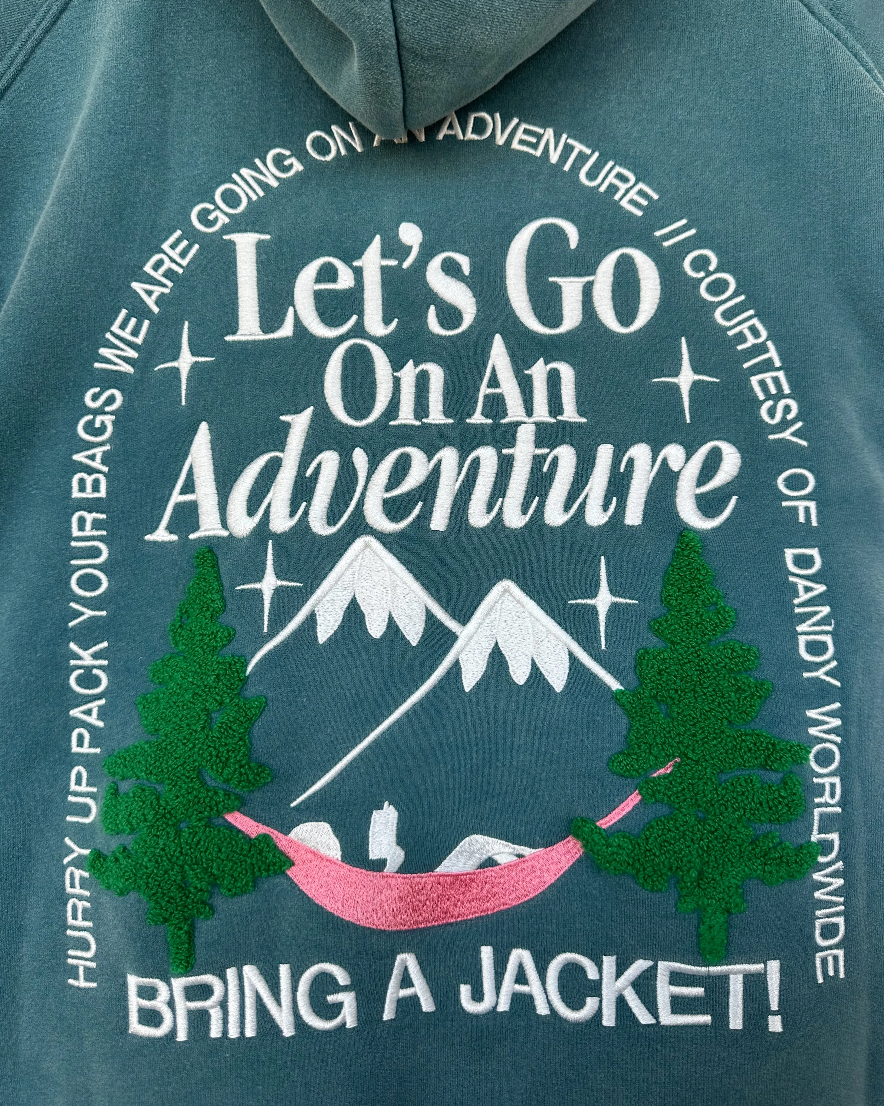 Embroidered Detail Layer Up "Let's Go On An Adventure" Oversized Lux Hoodie in Pine Green