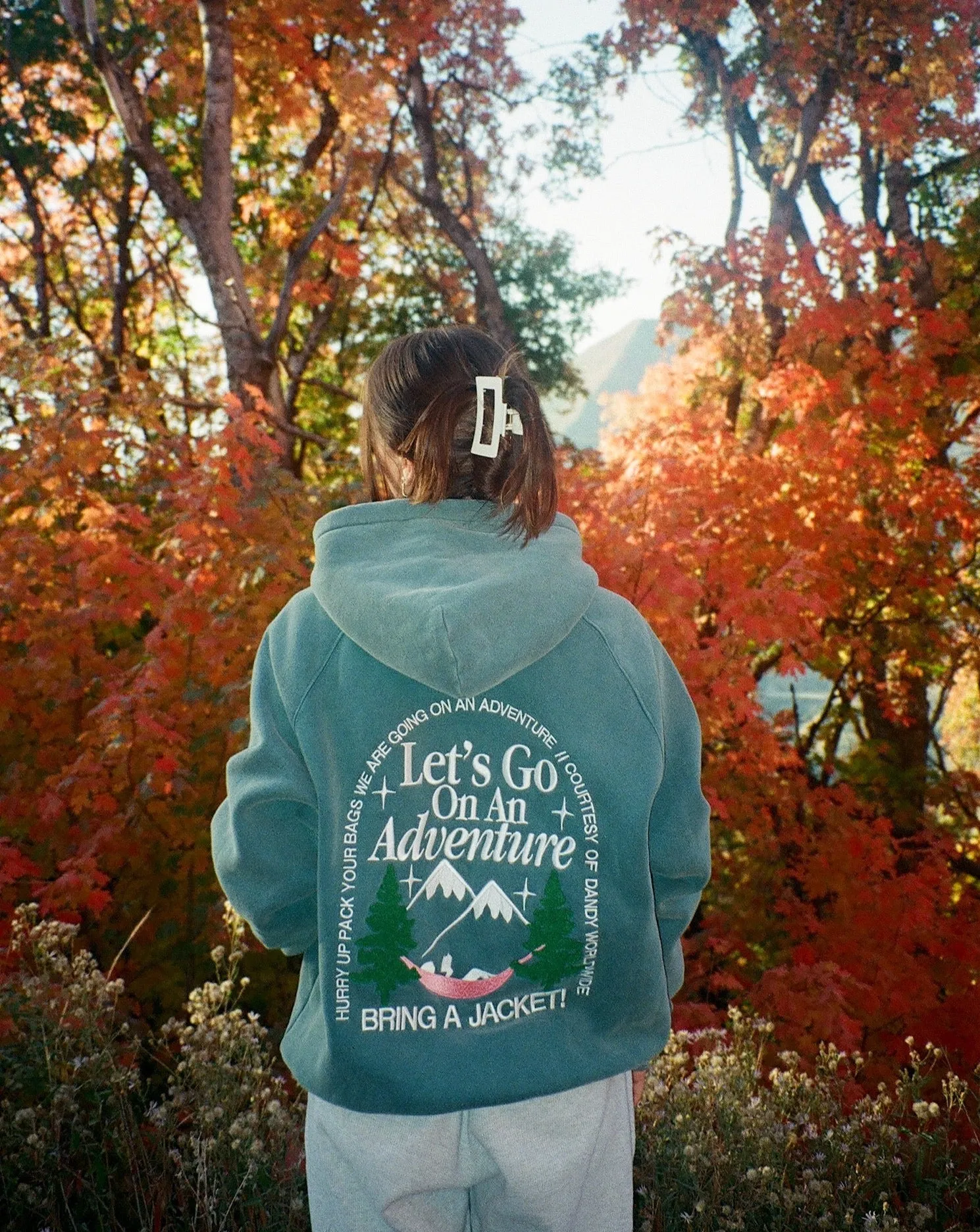 "Let's Go On An Adventure" Oversized Lux Hoodie in Pine Green Light Warmth clip accents