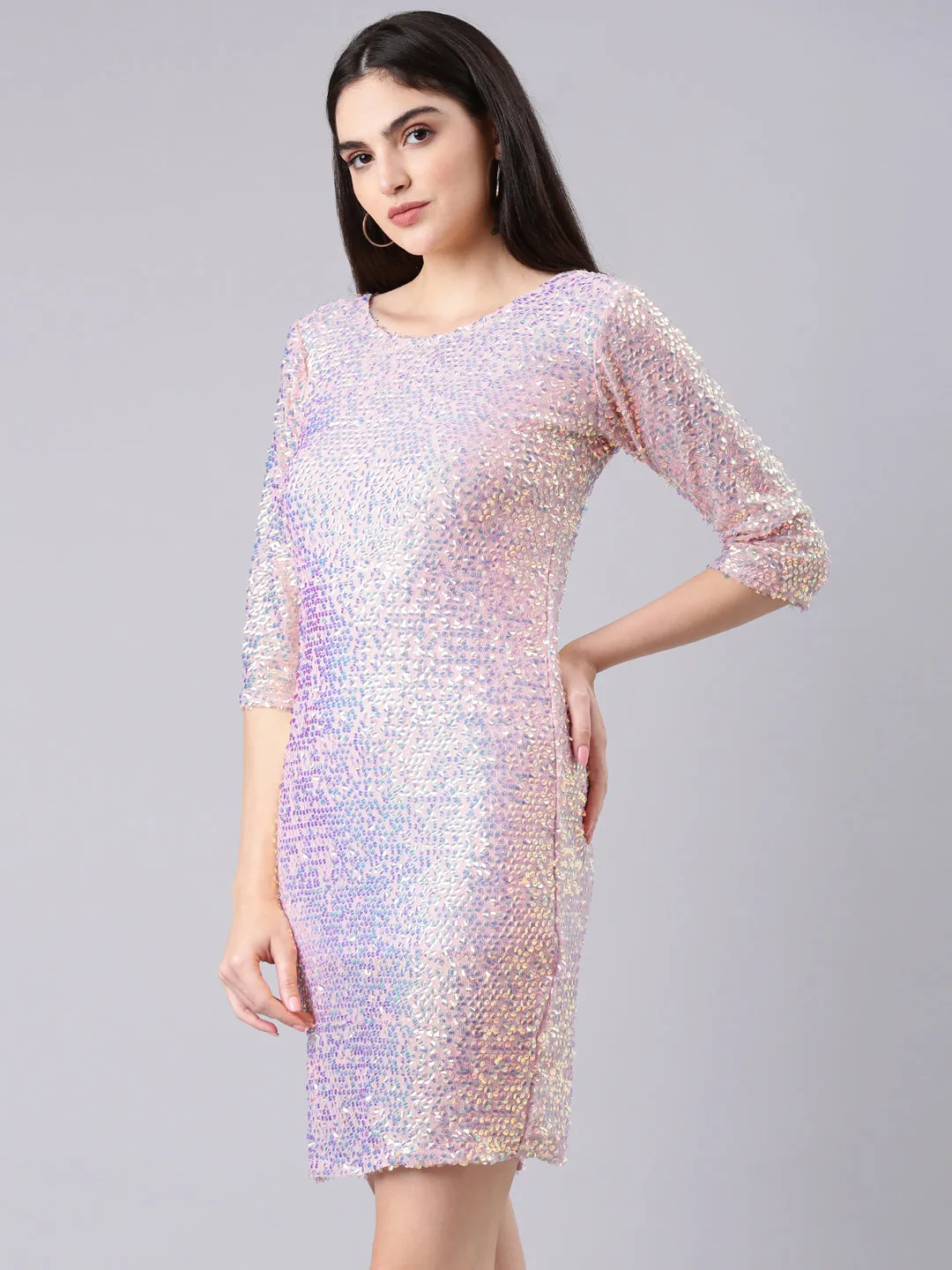 Feminine Style Classic Appeal Women's Pink Sequinned Embellished Net Bodycon Dress