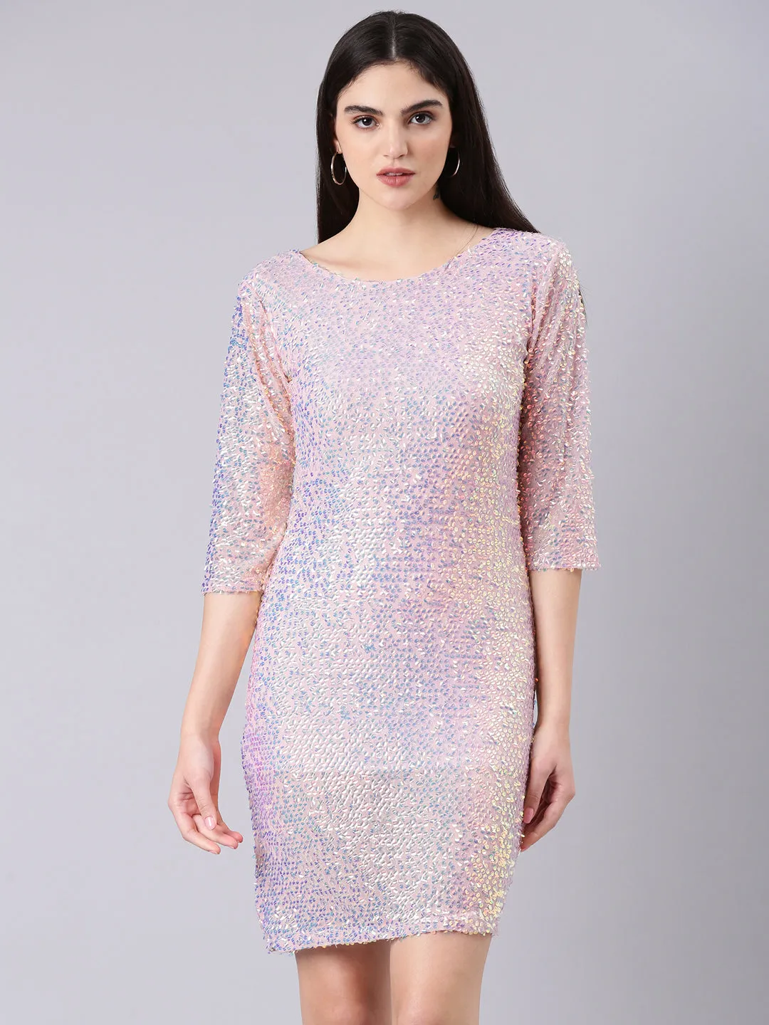 Women's Pink Sequinned Embellished Net Bodycon Dress Light Elegance Winter Classic