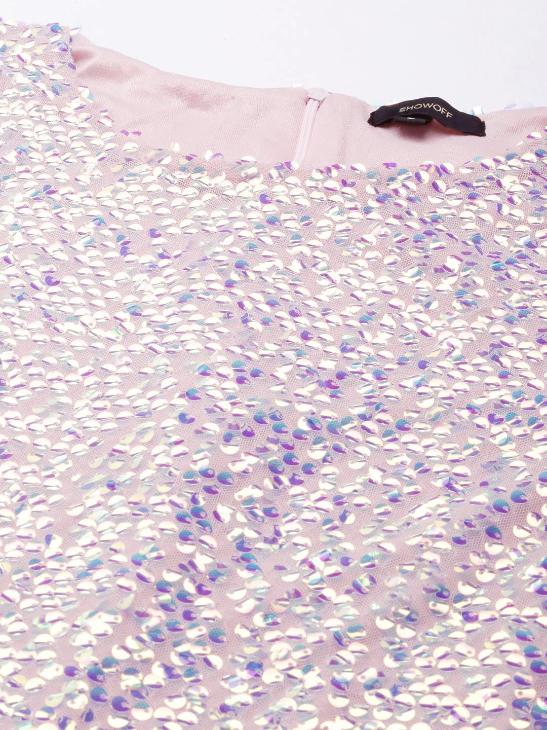 Flattering Shape Design Nature Bloom Women's Pink Sequinned Embellished Net Bodycon Dress