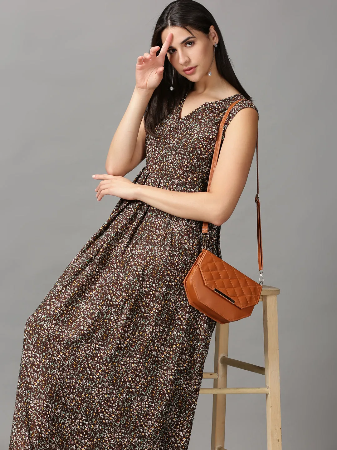 Crisp Silhouette Women's Brown Floral Chiffon Fit & Flare Dress