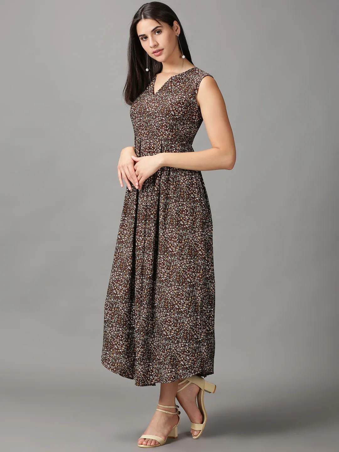 Women's Brown Floral Chiffon Fit & Flare Dress All-Day Wear