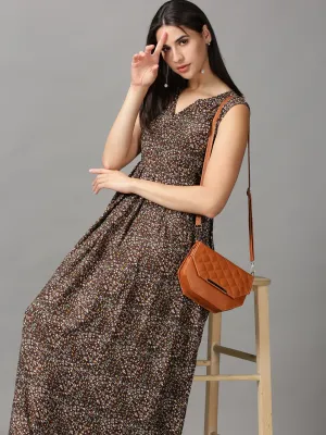 Crisp Silhouette Women's Brown Floral Chiffon Fit & Flare Dress