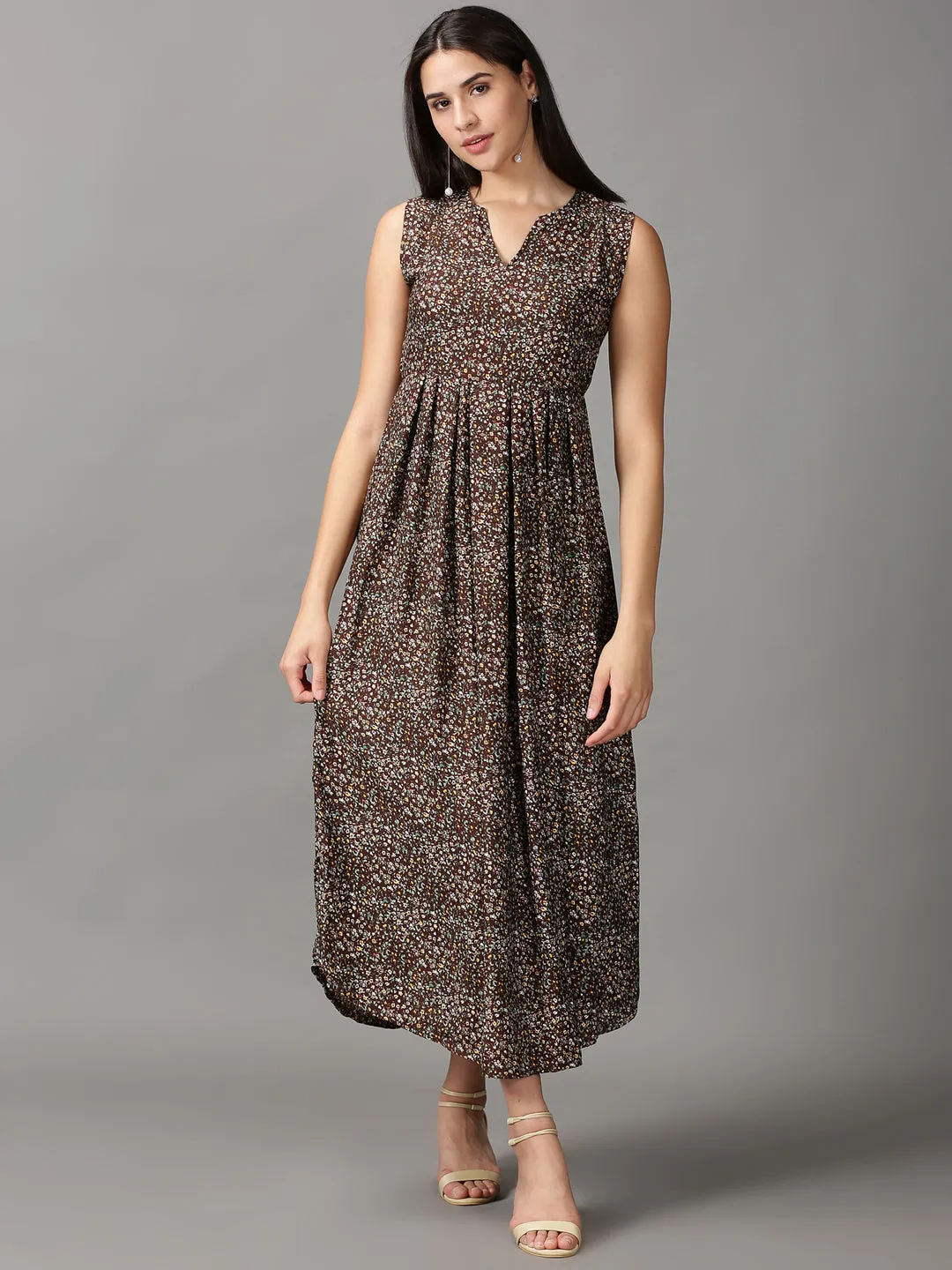 Women's Brown Floral Chiffon Fit & Flare Dress Comfy Style Flattering Style