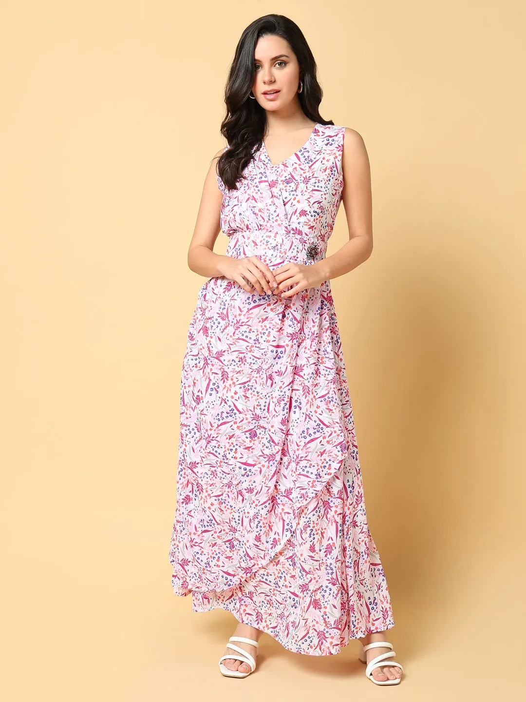 Minimalist Fit Matte Fabric Women's Pink Floral Printed Fit & Flare Maxi Dress