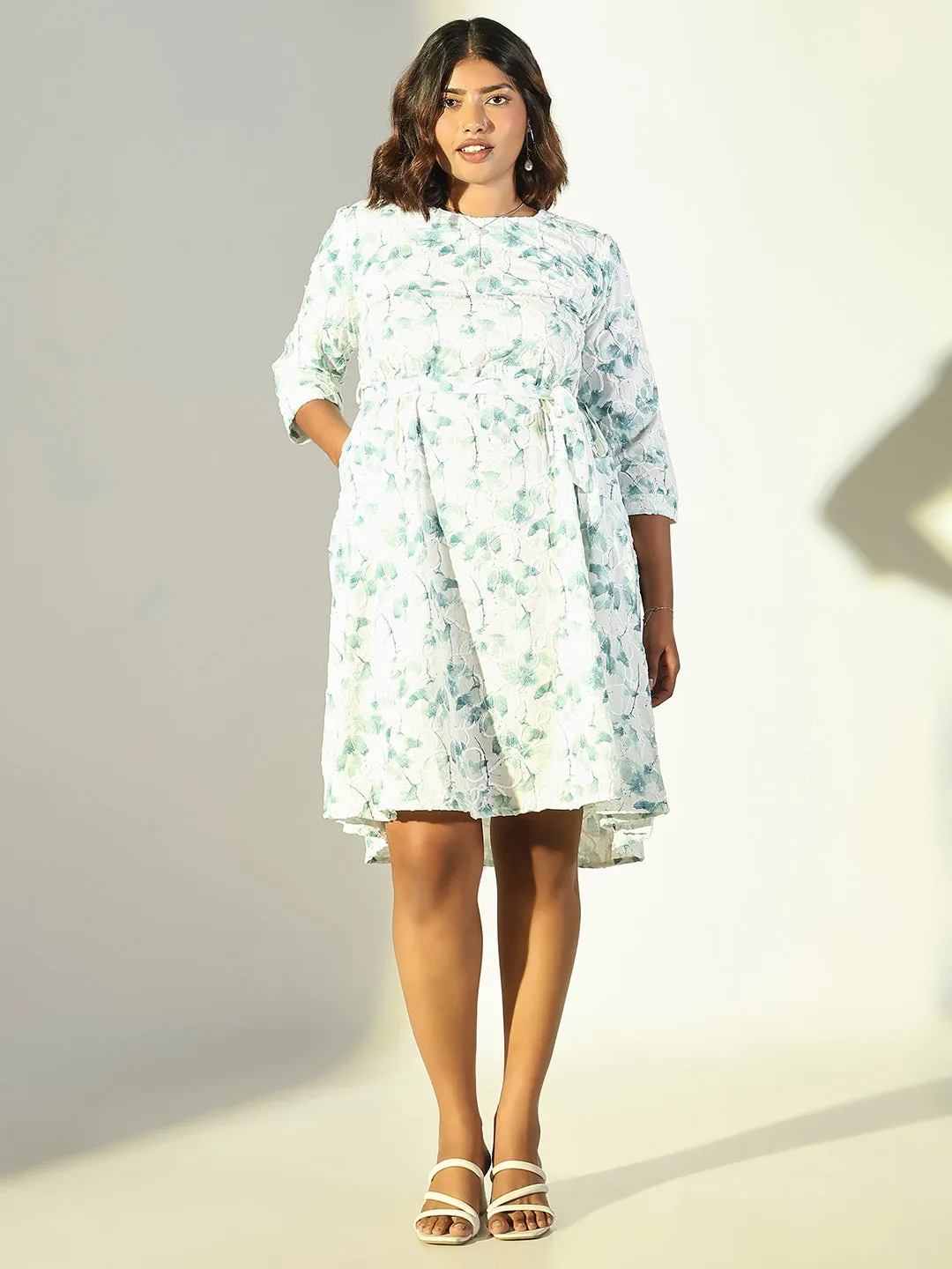 Women's Green Floral A Line Dress with Belt StretchableKnit Flattering Look
