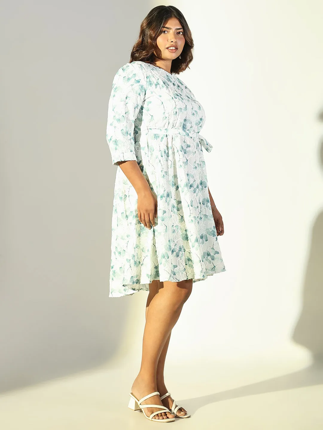 Women's Green Floral A Line Dress with Belt Fresh Look