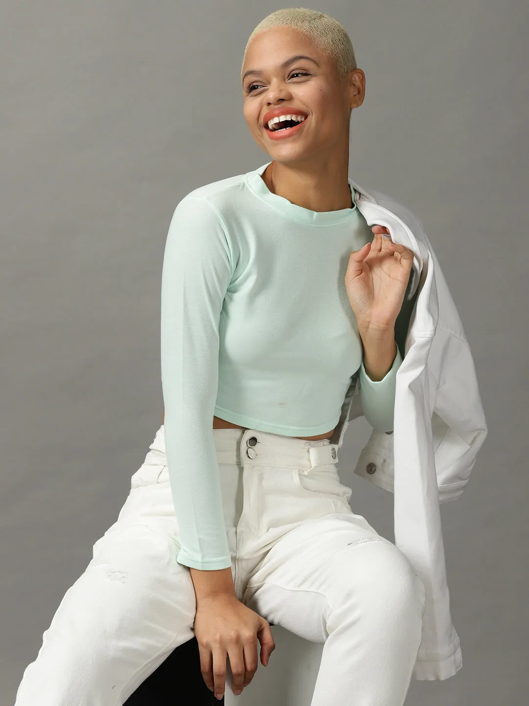 contrast Women's Sea Green Round Neck Cropped Top