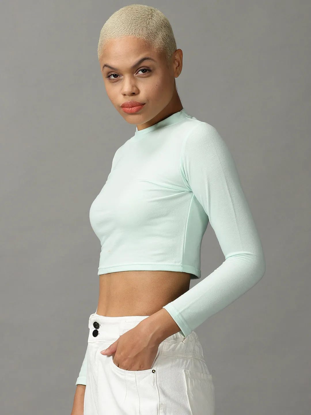 AntiStaticLining Women's Sea Green Round Neck Cropped Top