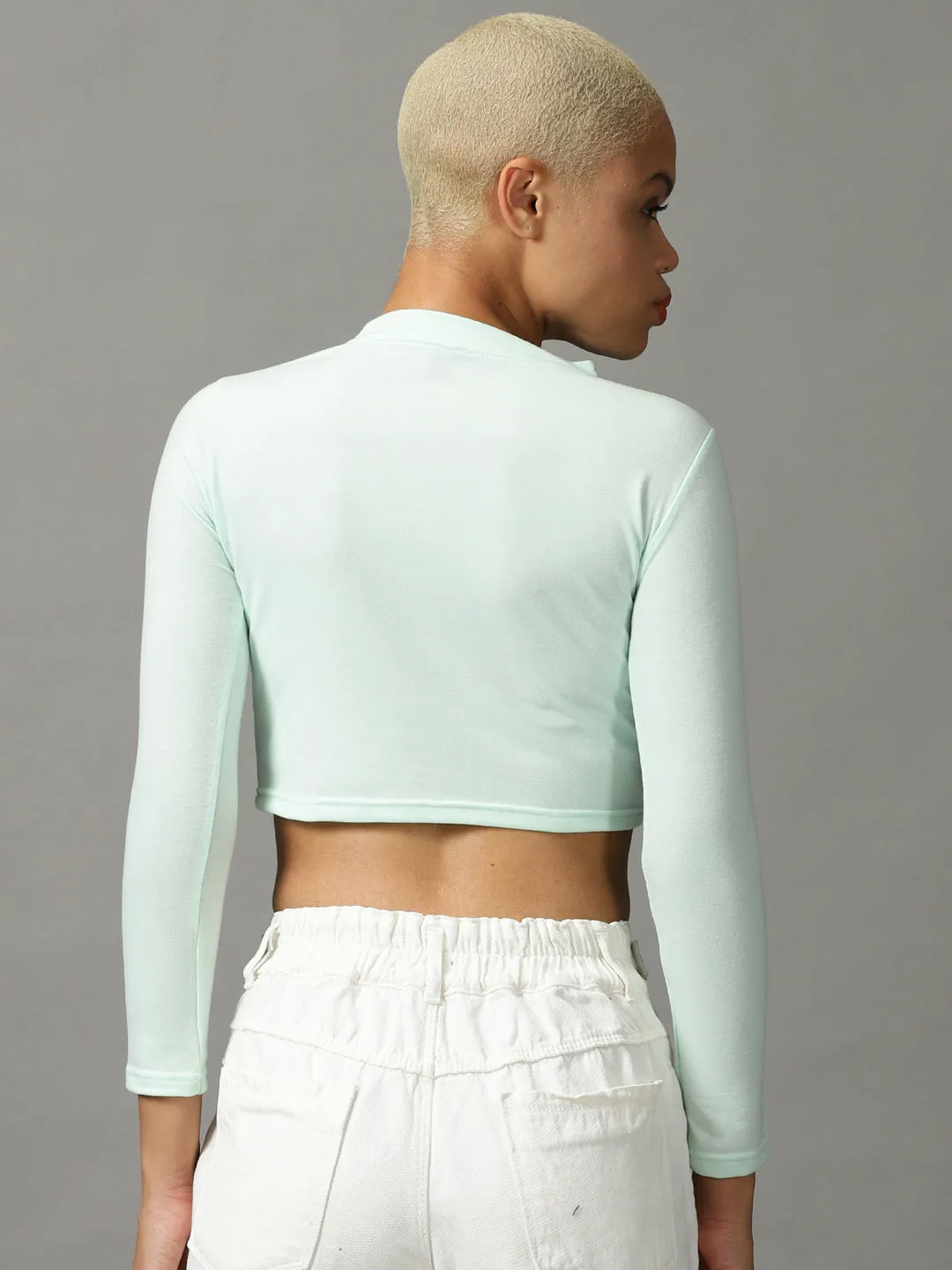 Women's Sea Green Round Neck Cropped Top Basic Wear