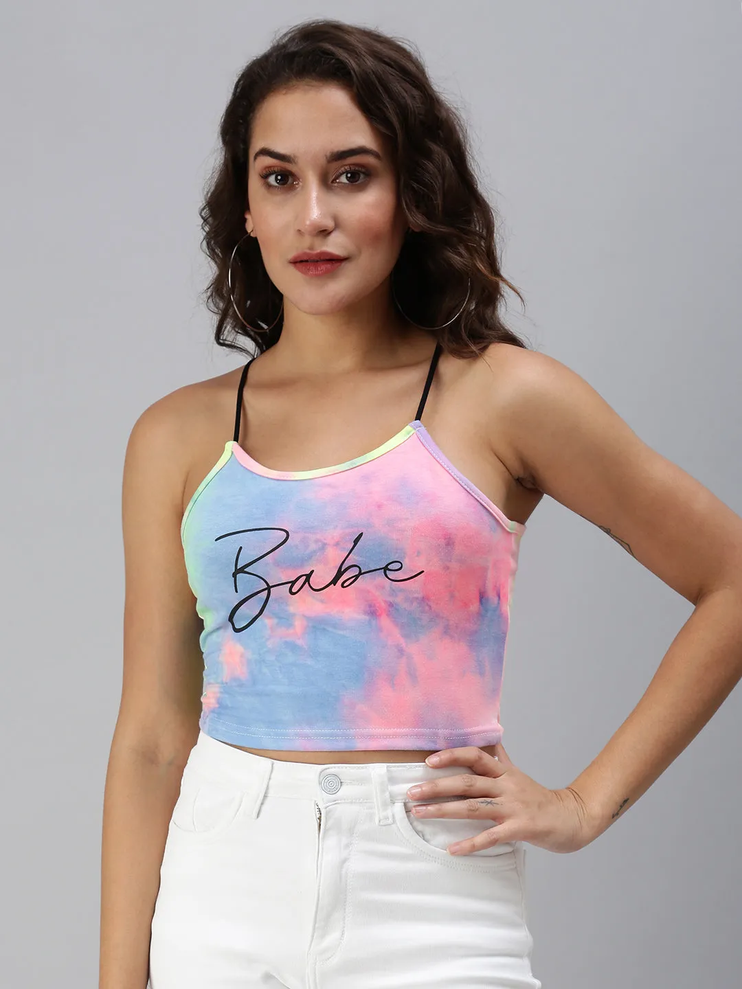 Short Sleeve Weekend Style Women's Multi Typography Tie and Dye Print Crop Top