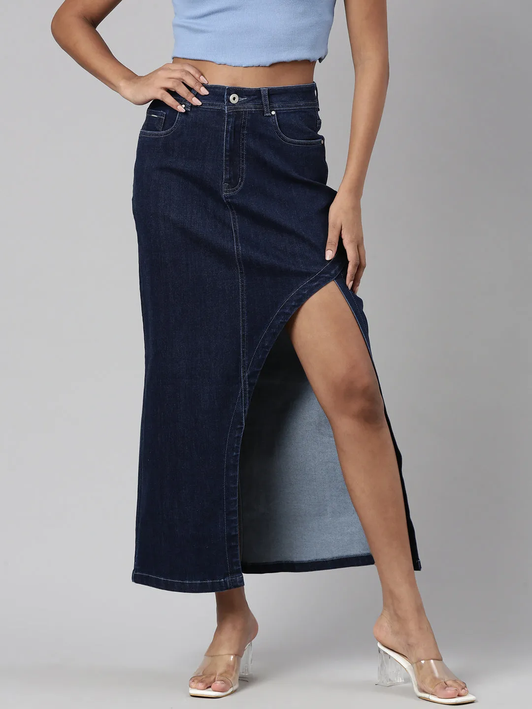 Sheer Overlay Women's Navy Blue Front-Slit Denim A-Line Skirt