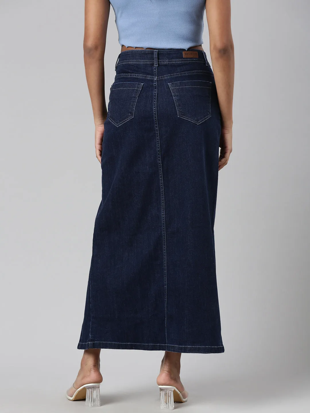 Twist Front Fashion Combo Women's Navy Blue Front-Slit Denim A-Line Skirt