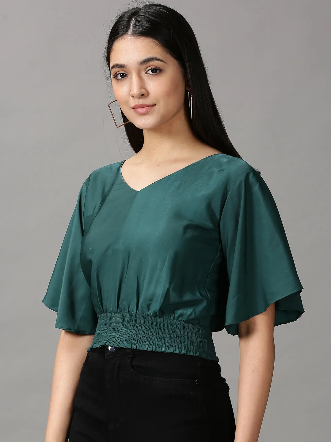 Women's Green Blouson Top HeatResistantMaterial