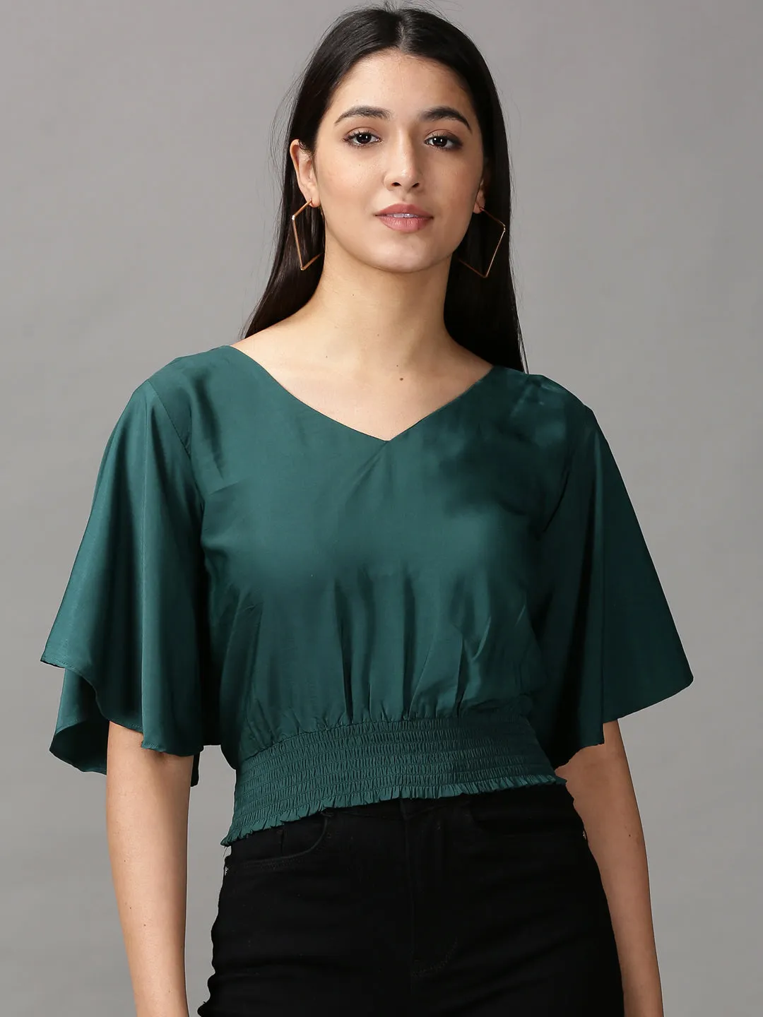 Women's Green Blouson Top Effortless Design