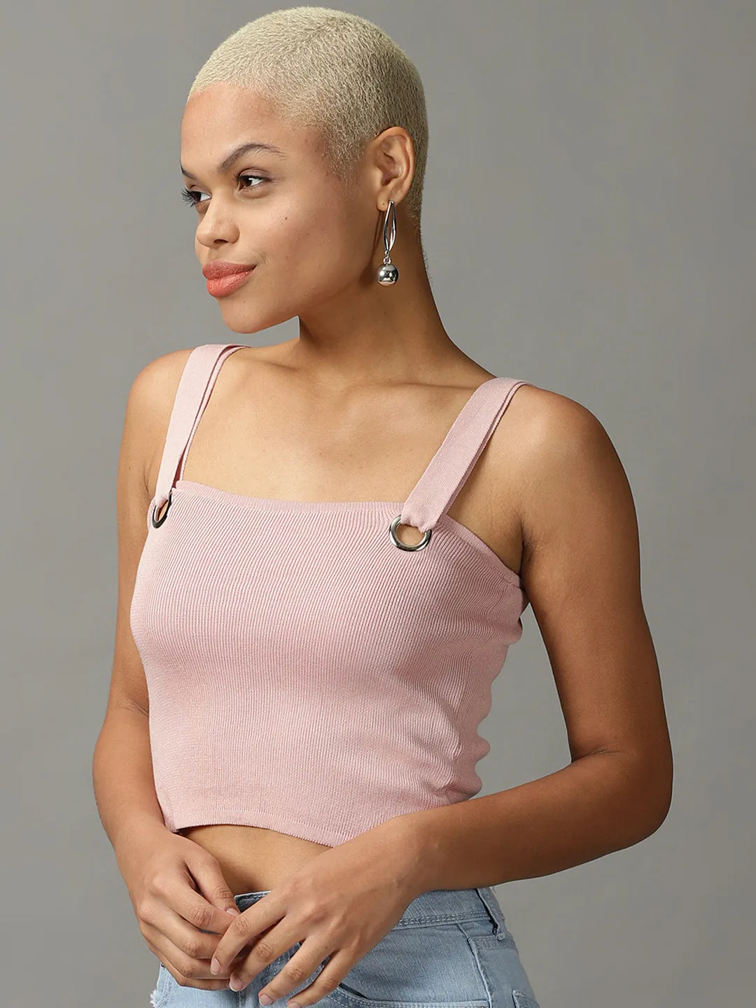 Cozy Touch Women's Pink Ribbed Shoulder Straps Fitted Crop Top