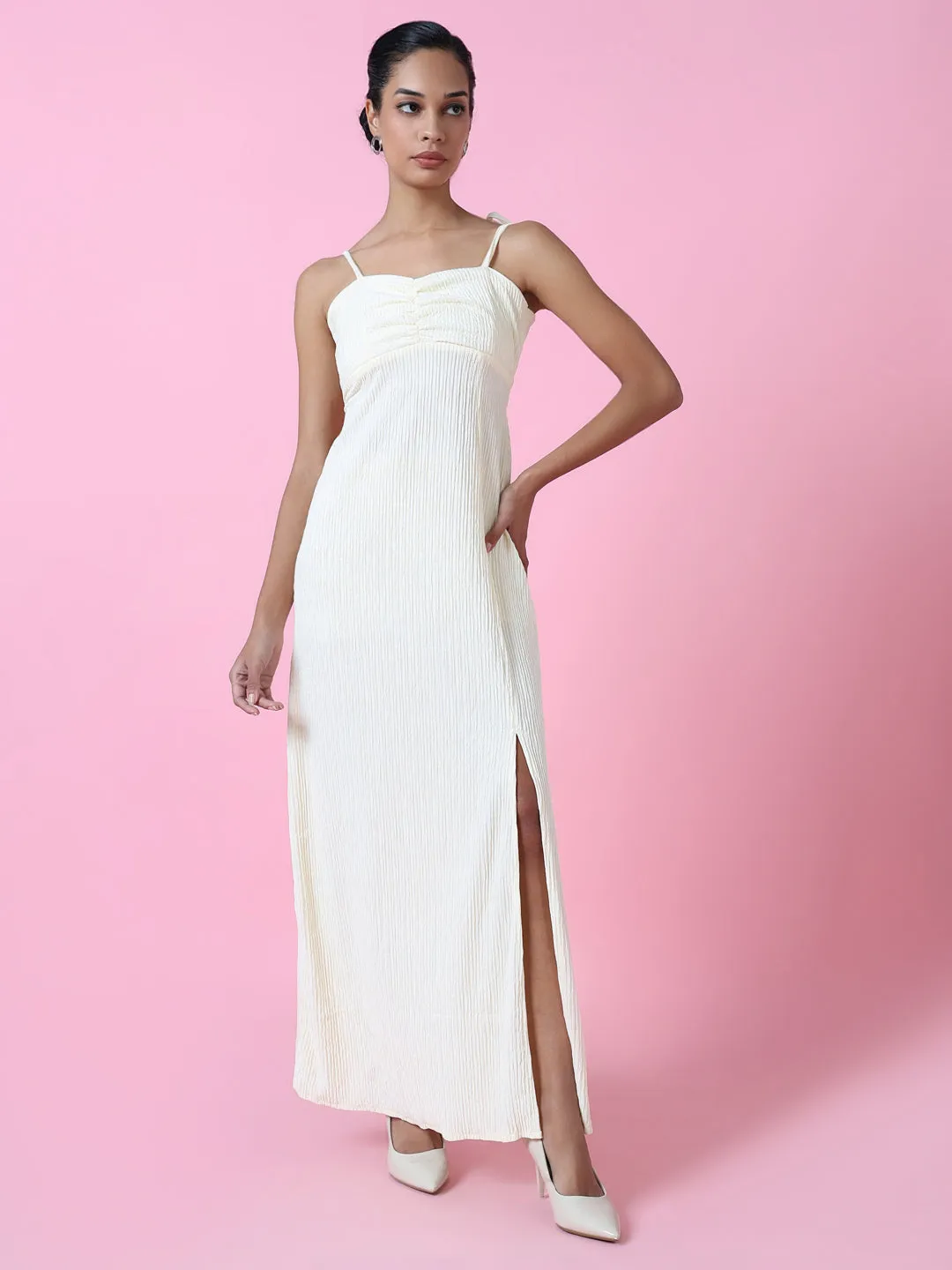 All Wear Casual Chic Wear Women's Cream Solid Maxi Dress