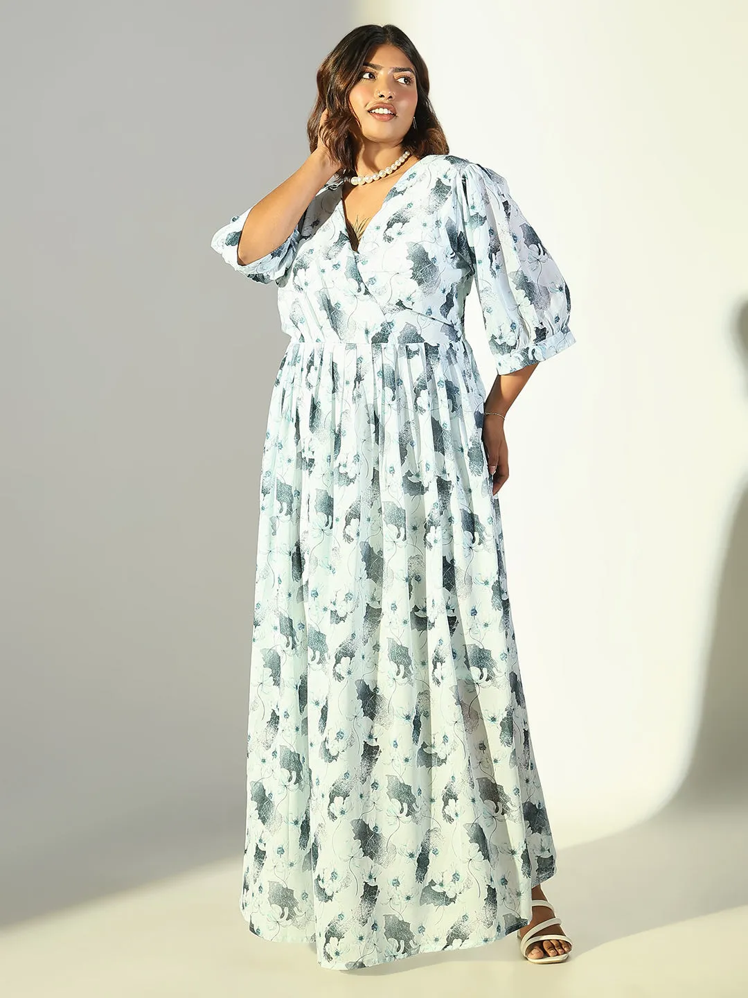 Calm Aesthetic Workwear Comfort Women's Blue Floral Printed Georgette Fit & Flare Maxi Dress