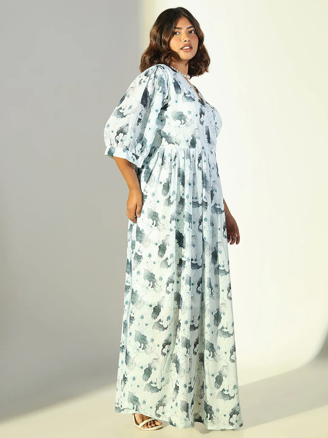 Women's Blue Floral Printed Georgette Fit & Flare Maxi Dress Comfy and Relaxed