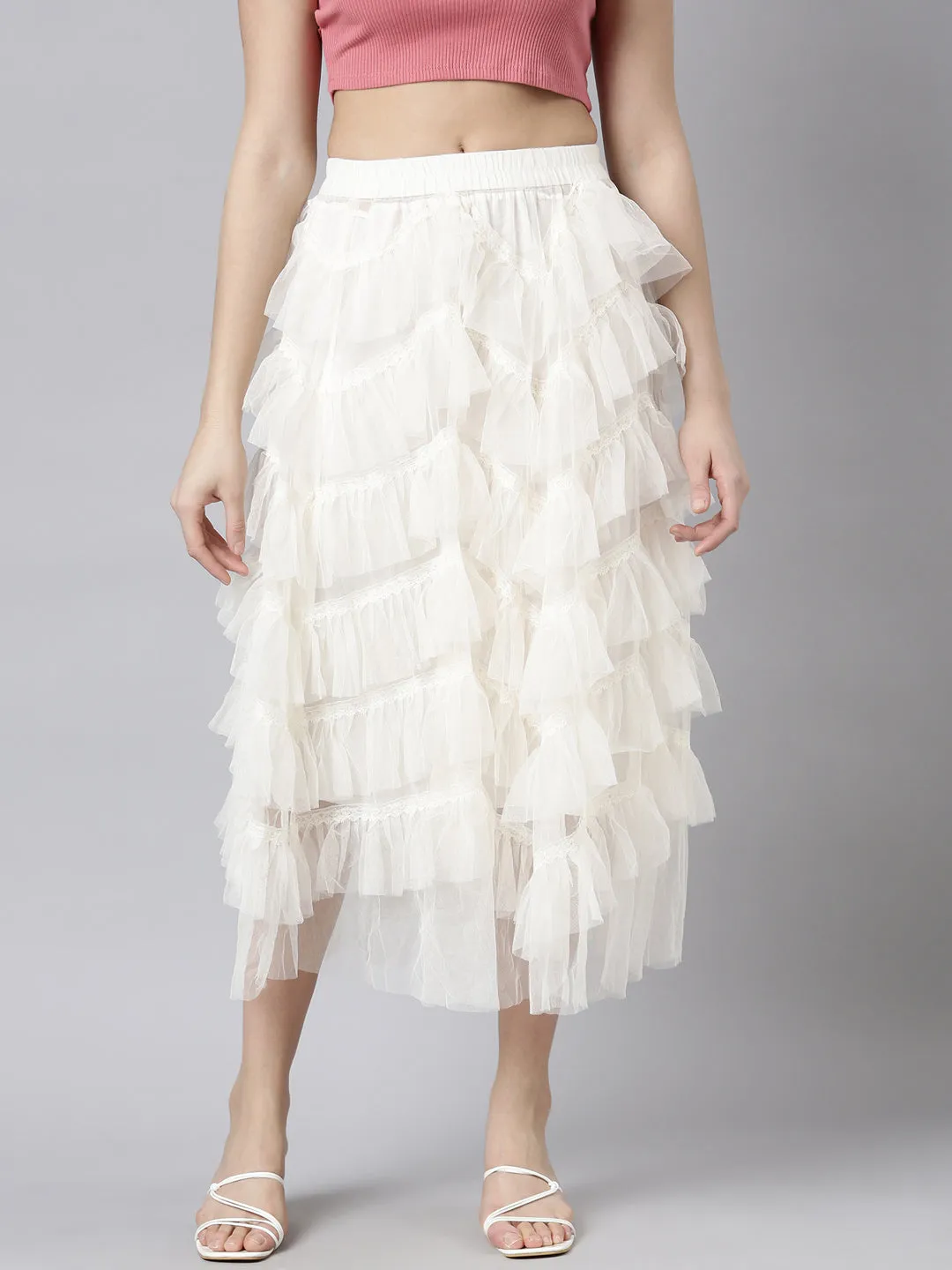 Crisscross Details Women's Cream Tiered Midi Sheer Skirts