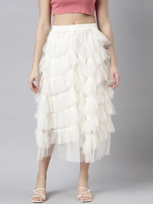 Crisscross Details Women's Cream Tiered Midi Sheer Skirts
