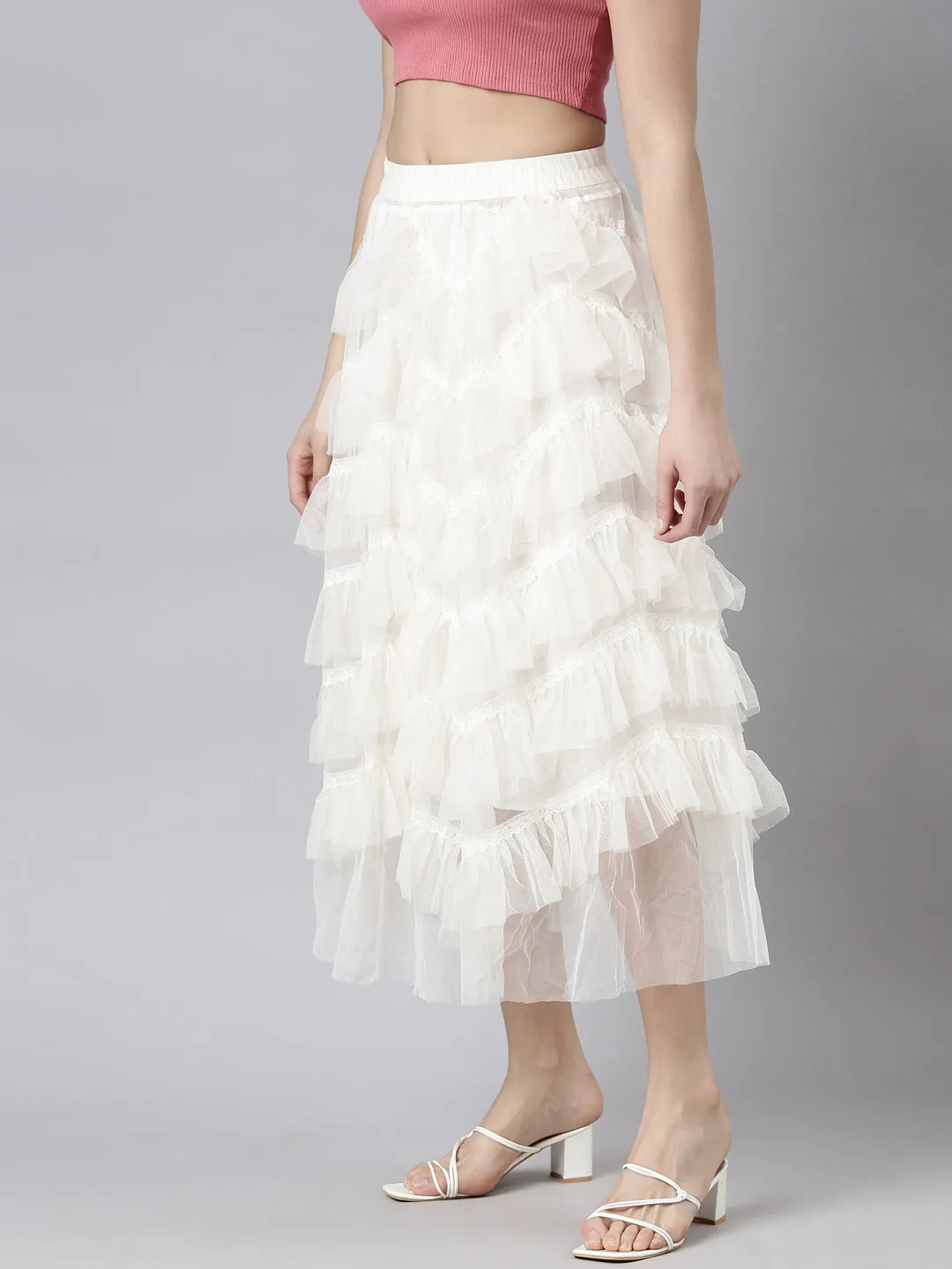 Summer Outfit Women's Cream Tiered Midi Sheer Skirts