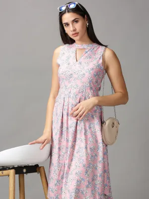 Women's Pink Floral Keyhole Neck A-Line Dress Outfit Boost