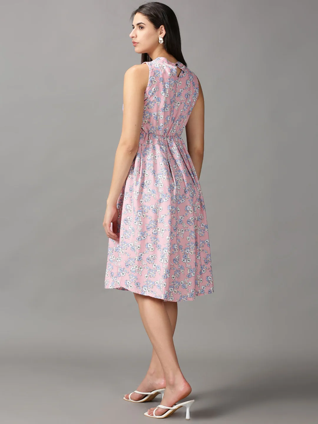Women's Pink Floral Keyhole Neck A-Line Dress Pure Tone Elegant Flow
